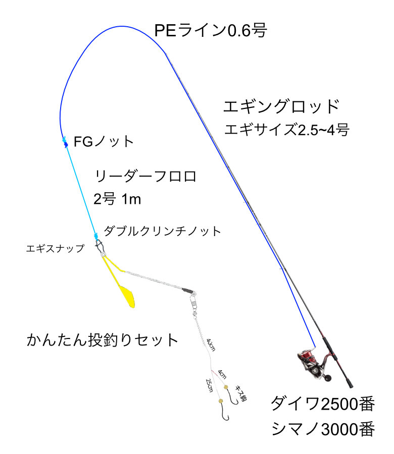 エギングタックルとかんたん投釣りセットでキス釣り